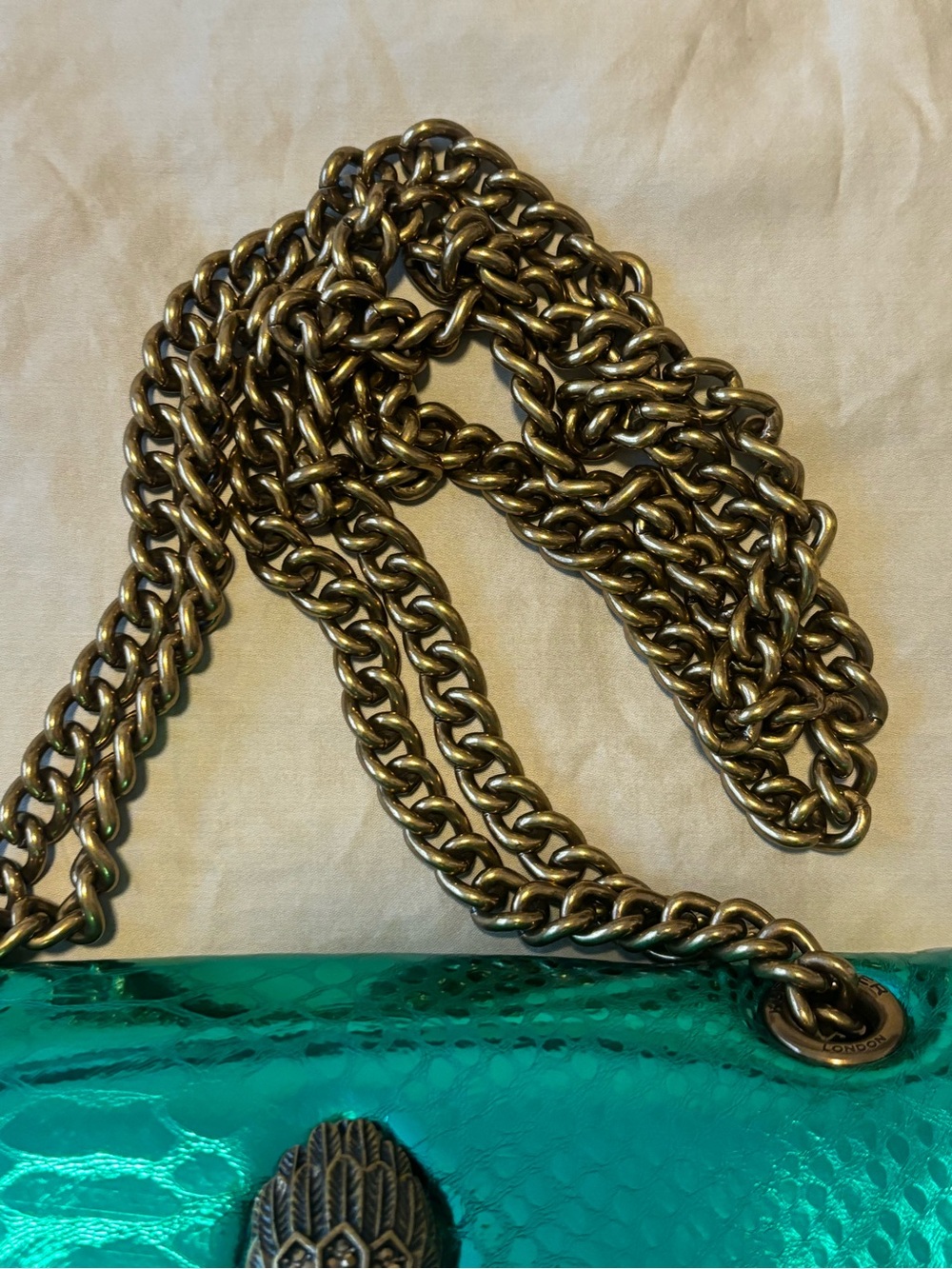 Kurt Geiger Metallic snake print Emerald Green mini Bag with brushed Gold Chain - Picture 3 of 10